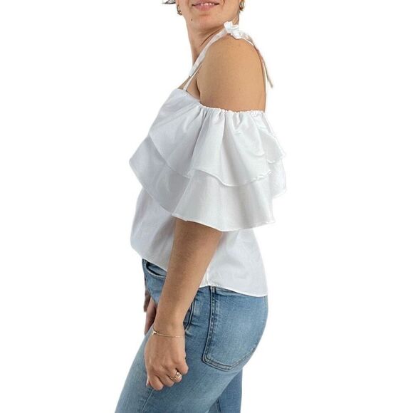 White House Black Market Off the Shoulder White Top Blouse Size 4 Ruffle Sleeves - Picture 3 of 9